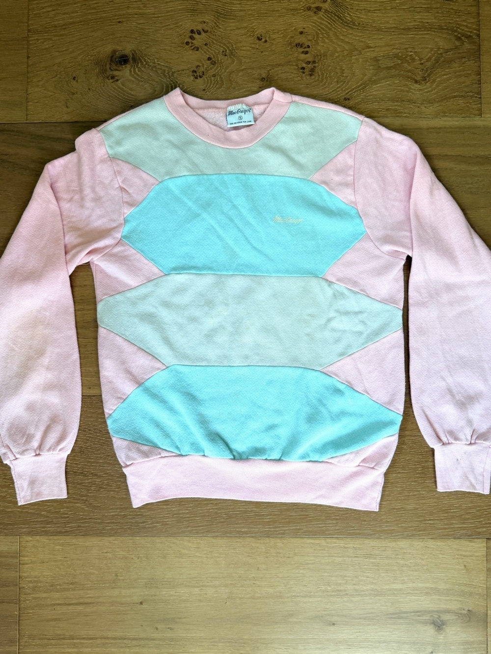 VTG 80s MacGregor Sweatshirt Pastel Colorblock Crewneck Pink Aqua Script Logo Sm